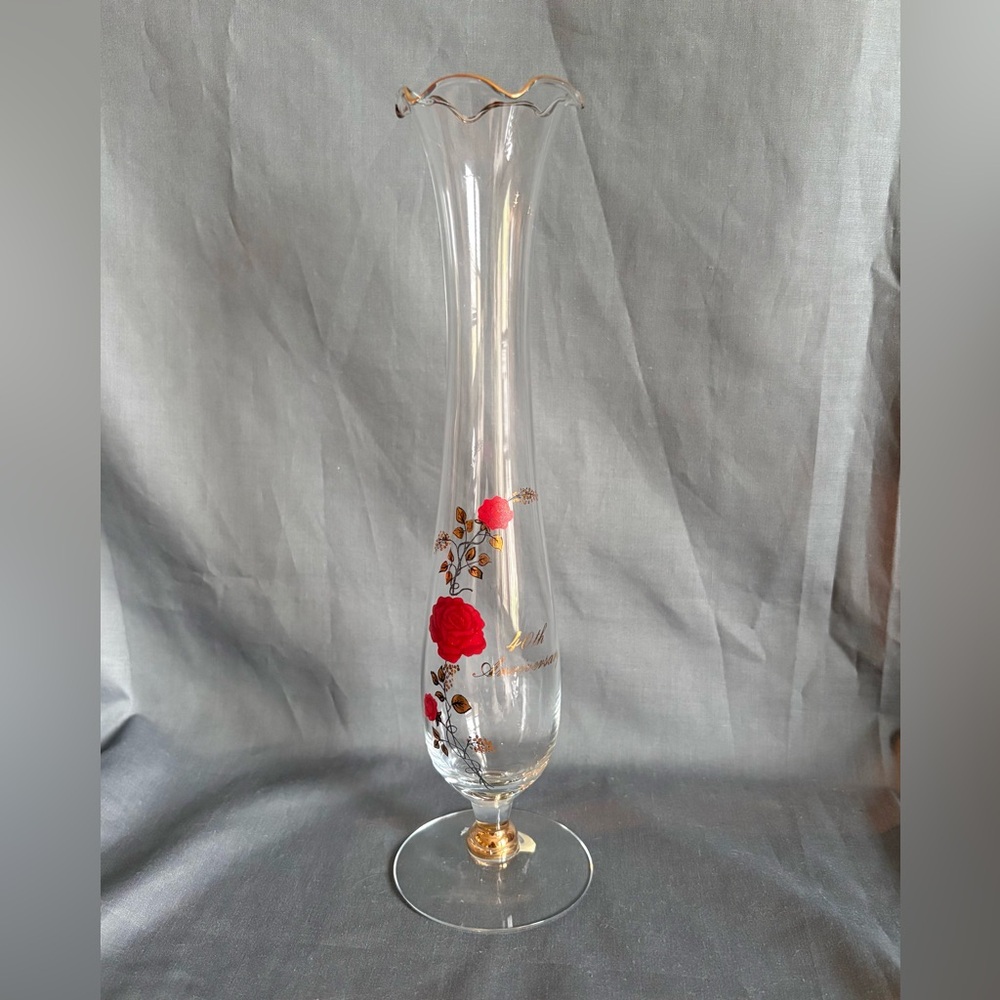 Fenton 40th Anniversary Clear Glass Bud Vase Roses Ruffle Edge Gold Trim 10.3”